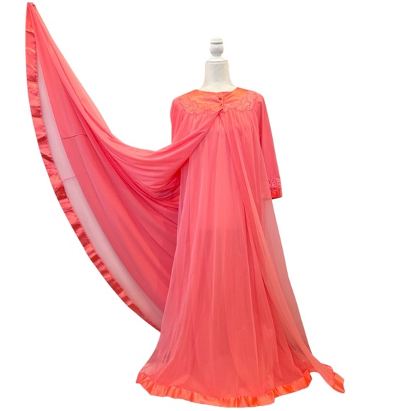 Vintage Artemis Gossard Pink Coral Silky Satin Sheer Chiffon Maxi Gown Robe Set - Picture 6 of 13